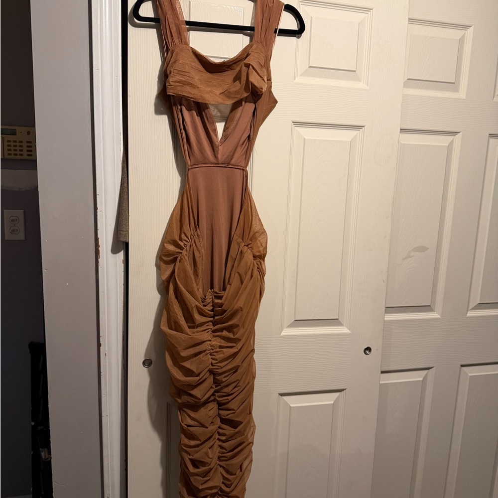 Ruched Tan Maxi Dress with Deep V - Picture 2 of 2